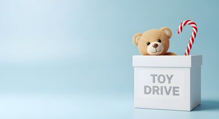 Teddy bear and candy cane in a toy drive donation box
