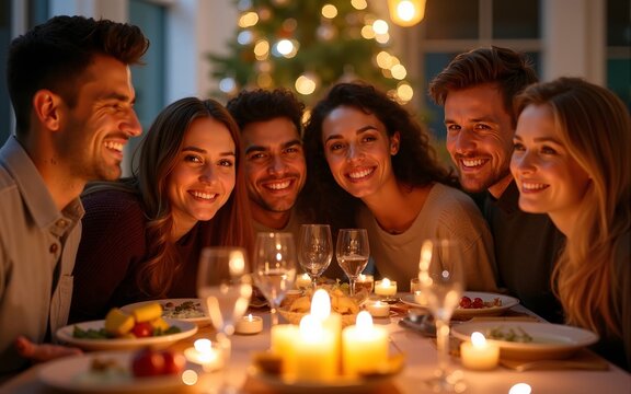 Happy people take family selfie photo together during christmas dinner. High quality - Powered by Adobe
