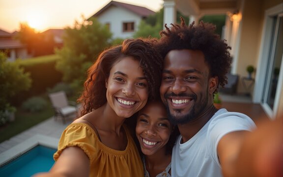 High angle portrait of happy African American family taking selfie photo at house terrace in evening. High quality