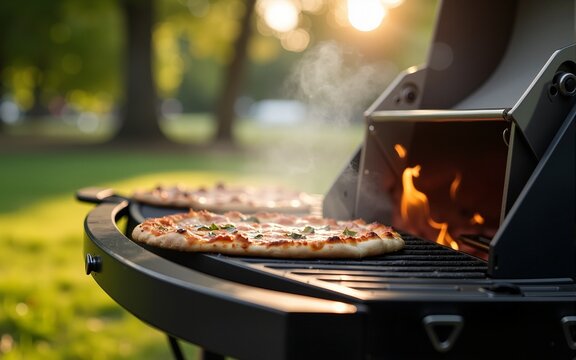 a sleek Webber grill sizzles with the aroma of pizza being expertly cooked in a picturesque park setting, evoking the ambiance of outdoor culinary delight and camaraderie. High quality