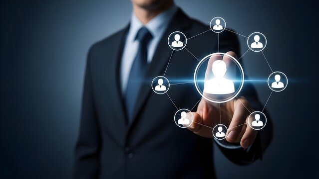 Businessman touching digital screen with social network icons representing connection and recruitment in modern business - Powered by Adobe