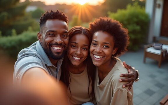 High angle portrait of happy African American family taking selfie photo at house terrace in evening. High quality