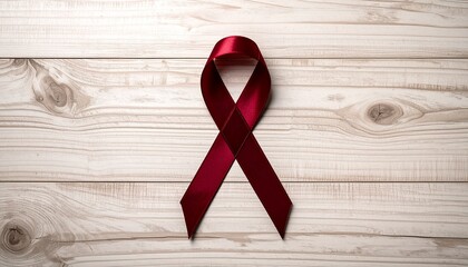 Burgundy awareness ribbon for myeloma concept. Red ribbon on wooden background symbolizing awareness and support 