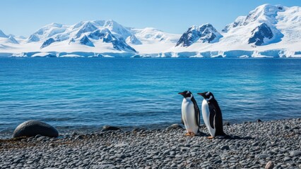 Two penguins stand on a rocky shore in front of turquoise ocean water and snow-capped mountains under a clear blue sky.
