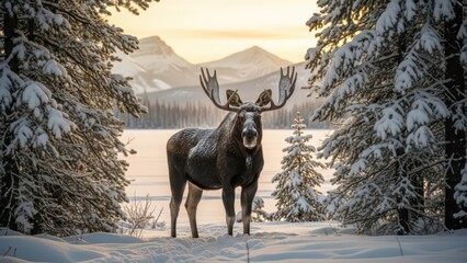 Majestic bull moose stands in snowy forest clearing beside frozen lake with snow-covered pine trees and mountains in background