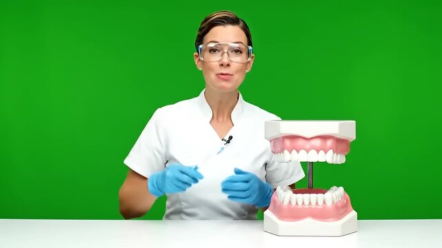 Dental professional demonstrating proper brushing technique with model teeth for a healthy smile and oral hygiene education in a bright, clean studio