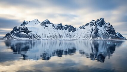 Jagged snow-capped mountains rise dramatically from calm ocean water, reflecting the dramatic peaks under a cloudy sky.