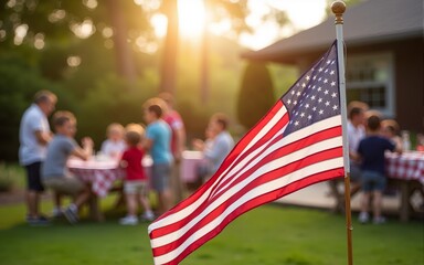 American flag on a patio full of guests enjoying a Memorial Day barbecue, children playing in the background. American family and friends celebrating the 4th of July, Independence Day. Copy space