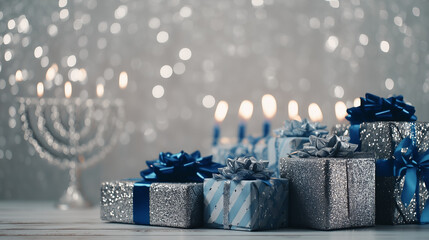 Elegant Hanukkah celebration scene with glowing menorah lights and beautifully wrapped blue and silver gifts