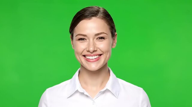 Engaging professional woman smiling confidently on a green screen background for easy chroma key compositing in marketing videos or corporate presentations