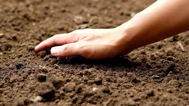 Mature man's hand in soil on agricultural land. arable soil in hands of responsible farmer, close up. farmer's hand on the ground to examining soil quality and fertility.