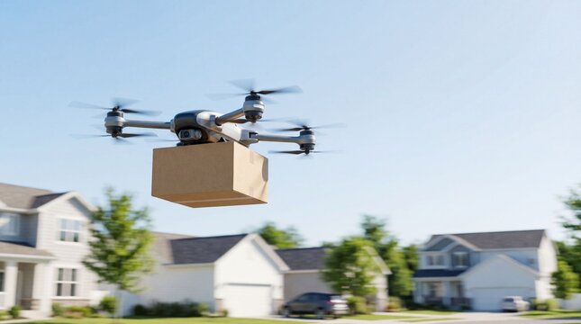 A futuristic delivery drone carrying a package flies over a suburban neighborhood, representing fast e-commerce logistics. - Powered by Adobe