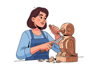 Woman skilled in woodworking, carving a wooden owl, displaying focus and concentration. Suitable for crafts, diy, education, and art concepts.
