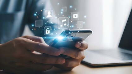 Person holding smartphone with digital icons displayed representing connectivity security and modern technology