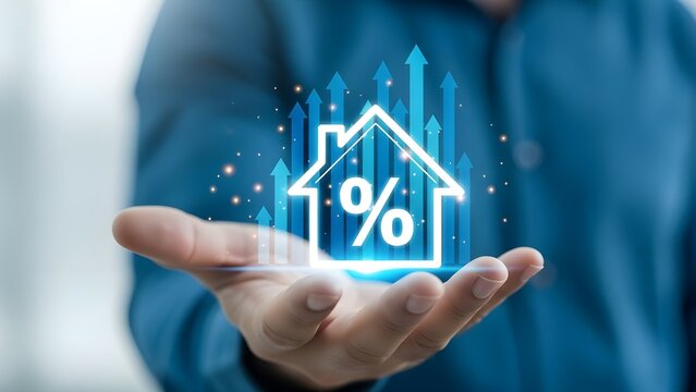 Rising interest rates on real estate loans illustrated with holographic house and percentage symbol in hand - Powered by Adobe