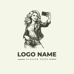 Fototapeta premium Retro woman taking a selfie with a smartphone, a detailed engraving style vector logo illustration for a brand
