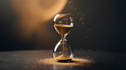 Hourglass with flowing sand on dark background conceptual time symbol