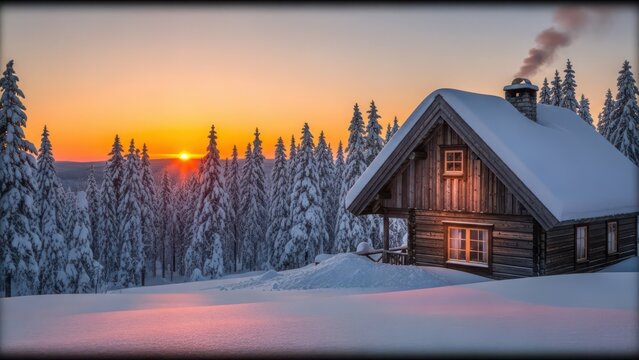 Cozy wooden cabin nestled in a snowy forest at sunset, smoke rising from chimney, warm light emanating from windows, golden hour glow. - Powered by Adobe