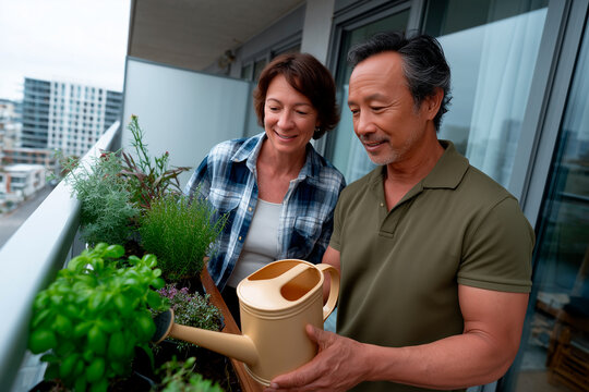 Diverse couple watering balcony herb garden in city