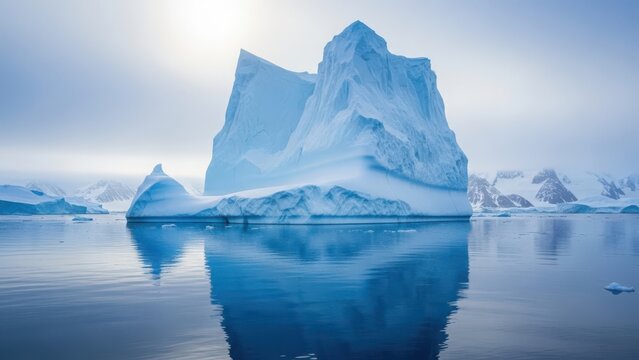 Majestic iceberg floating serenely in calm arctic ocean waters, reflecting the serene sky and distant snow-capped mountains.