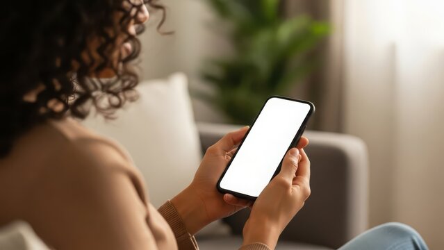 Woman holding a smartphone with a blank white screen, indoors, blurred background.