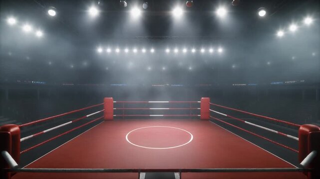An empty stadium podium stands on a red carpet near a 3d boxing ring empty design where city street lights illuminate the asphalt highway at night