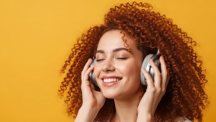 Joyful redhead woman with curly hair listening to music on wireless headphones against a yellow backdrop.