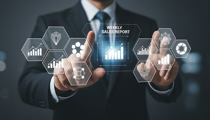 Businessman interacting with futuristic digital interface showcasing data analytics business intelligence and innovative technology solutions for growth