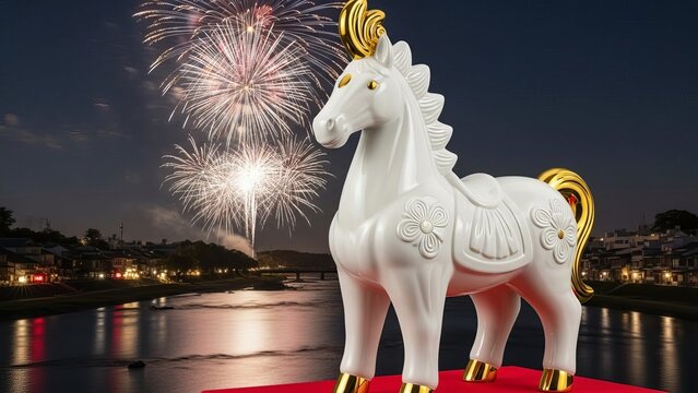 White horse statue with golden accents against a fireworks and city backdrop