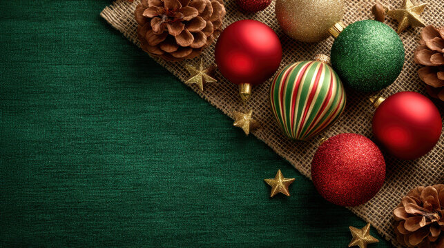 Festive red green gold Christmas ornaments pine cone burlap stars nostalgic holiday flat lay