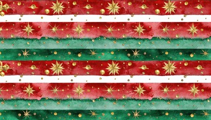 Festive Christmas Watercolor Pattern with Gold Stars and Ornaments.