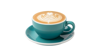 Turquoise coffee cup with latte art isolated on transparent background