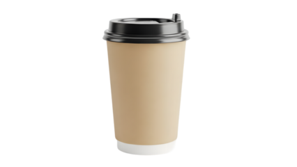 Disposable cardboard coffee cup with black lid isolated on transparent background