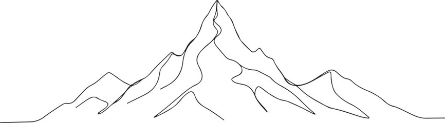 Obraz premium One continuous line drawing of mountain range landscape. Top view of mounts in simple linear style. Adventure winter sports concept isolated on white background. Doodle vector illustration