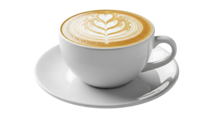 Latte art heart in white cup on saucer isolated on transparent background