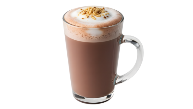 Tall mug of hot chocolate with whipped cream isolated on transparent background