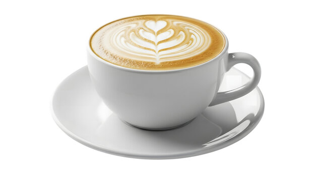 Latte art heart in white cup on saucer isolated on transparent background