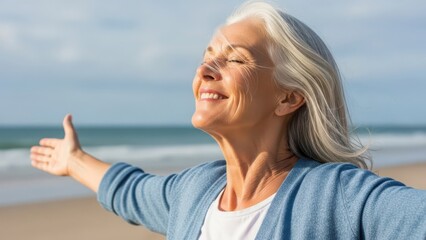 Happy senior woman with grey hair and a serene smile enjoying the sunshine on the beach with her arms outstretched.