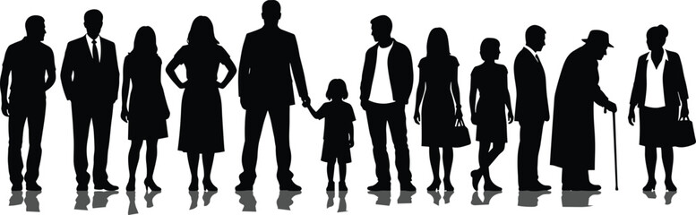 Silhouettes of diverse people standing in a row representing various ages, genders, lifestyles, and generations with reflection on white background