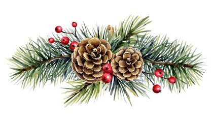Watercolor Christmas Pine Cones and Berries Illustration.