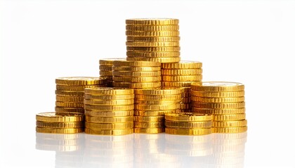 A pyramid of stacked gold coins isolated on a white background, symbolizing investment, savings, and financial prosperity
