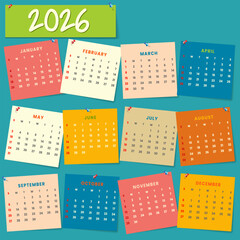 Colorful Sticky Note Style 2026 Calendar Layout
