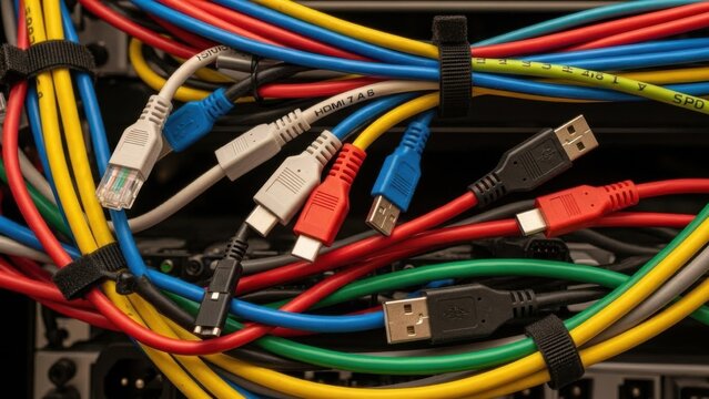 Assortment of colorful network cables and connectors conveying structured connection solutions