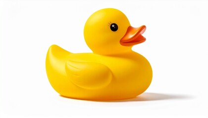 Vibrant yellow rubber duck toy against a pure white backdrop, evoking feelings of childhood nostalgia, playful bath time adventures, and simple, carefree moments