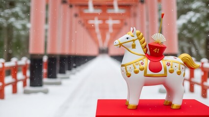 Ornate white horse statue with red accents in a snowy outdoor japanese setting