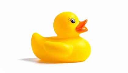 A classic yellow rubber duck toy for bath time, isolated on a clean white studio background with a soft shadow