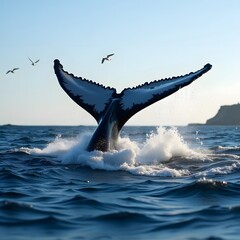 Fototapeta premium Humpback whale tail and dolphin jumping in the ocean.