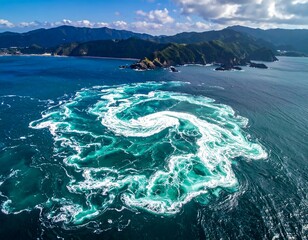 Aerial view of a swirling ocean whirlpool with turquoise water near rocky coastline