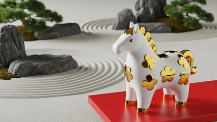 A white horse figurine with gold accents on a red platform in a zen garden scene