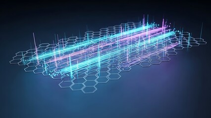 Dynamic visualization of high-speed data flow within an intricate hexagonal digital network, representing advanced information processing and futuristic technology